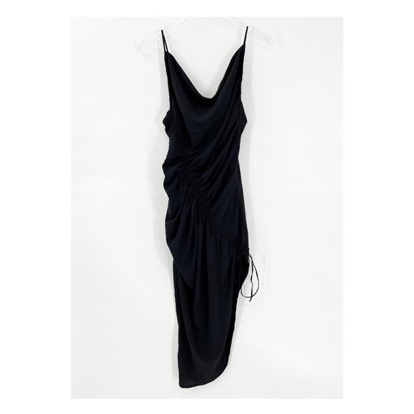 NEW Abercrombie & Fitch Ruched Asymmetrical Satin Midi Bodycon Dress SP Black - Picture 3 of 6